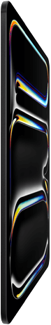 iPad Pro, front exterior, space black colour, aluminium and glass enclosure, thin profile, tilted back with display showing multicoloured line art