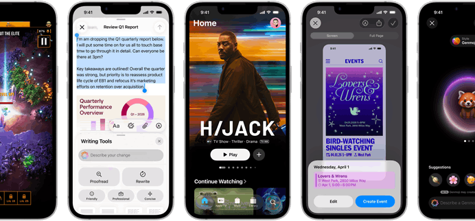Side-by-side iPhone 17e devices showing different screens: a game being played, Writing Tools, Apple TV app, a calendar event being created, a Genmoji being created