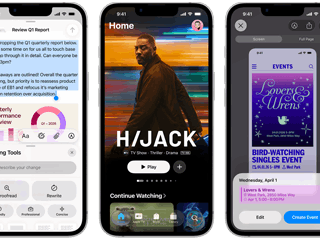 Side-by-side iPhone 17e devices showing different screens: a game being played, Writing Tools, Apple TV app, a calendar event being created, a Genmoji being created