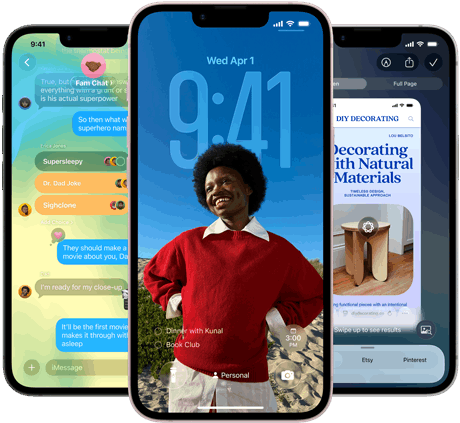 Three iPhone 17e devices, showing Messages app with Liquid Glass design, dynamic Lock Screen, and Apple Intelligence in use