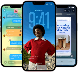 Three iPhone 17e devices, showing Messages app with Liquid Glass design, dynamic Lock Screen, and Apple Intelligence in use