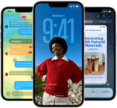 Three iPhone 17e devices, showing Messages app with Liquid Glass design, dynamic Lock Screen, and Apple Intelligence in use