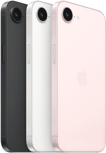 iPhone 17e, side and back exterior, black colour, side and back exterior, white colour, side and back exterior, soft pink colour, Fusion camera at top, side button
