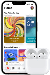 iPhone 17e, front exterior, Apple Music app with Home Screen open, next to AirPods Pro 3 in open MagSafe Charging case