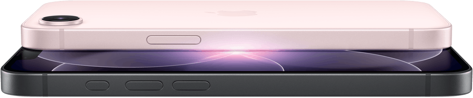 iPhone 17e, horizontal side and back exterior, soft pink colour, iPhone 17e, horizontal side and front exterior, black colour