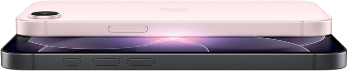 iPhone 17e, horizontal side and back exterior, soft pink colour, iPhone 17e, horizontal side and front exterior, black colour