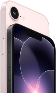 iPhone 17e, horizontal side and back exterior, soft pink colour, iPhone 17e, horizontal side and front exterior, black colour