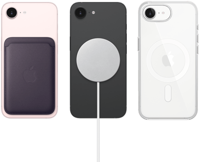 iPhone 17e in soft pink colour with FineWoven Wallet in midnight purple colour, iPhone 17e in black colour with Silicone Case in black colour and MagSafe Charger, iPhone 17e in white colour with Clear Case with MagSafe