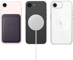 iPhone 17e in soft pink colour with FineWoven Wallet in midnight purple colour, iPhone 17e in black colour with Silicone Case in black colour and MagSafe Charger, iPhone 17e in white colour with Clear Case with MagSafe