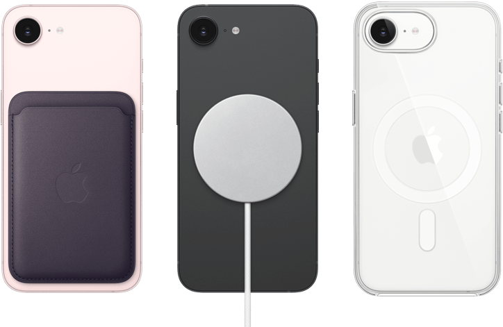iPhone 17e, back exterior, soft pink colour, FineWoven Wallet with MagSafe attached, iPhone 17e, back exterior, black colour, MagSafe Charger attached, iPhone 17e, back exterior, white colour, Clear Case with MagSafe attached