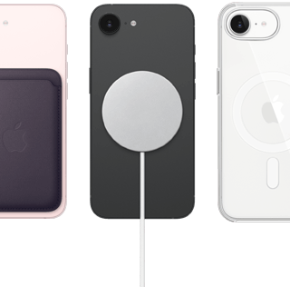 iPhone 17e, back exterior, soft pink colour, FineWoven Wallet with MagSafe attached, iPhone 17e, back exterior, black colour, MagSafe Charger attached, iPhone 17e, back exterior, white colour, Clear Case with MagSafe attached